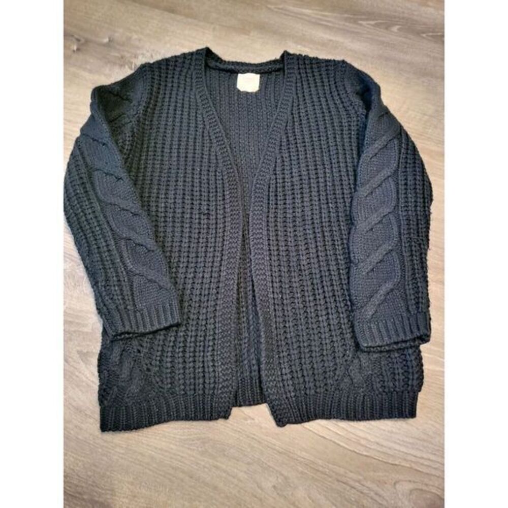 Harper Heritage Cable-Knit Open-Front Patch Pocket Cardigan - Medium‎ Black